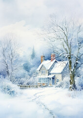 Merry Christmas and Happy Holidays, watercolour printable art print, English countryside cottage as snow winter holiday Christmas card, thank you and diy greeting card design, country style idea