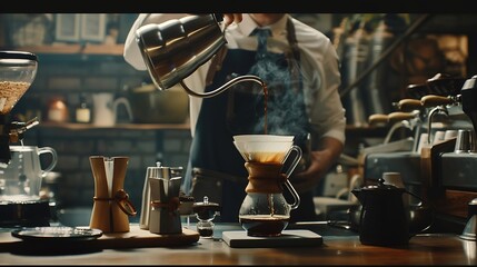 Men barista making a drip coffee pouring hot water from kettle over a ground coffee powder : Generative AI