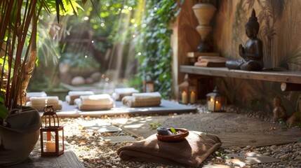 BEAUTIFUL SPA PLACE with stones and lit candles and nature, lots of peace during the day in high resolution and high quality. relaxation, peace, harmony concept