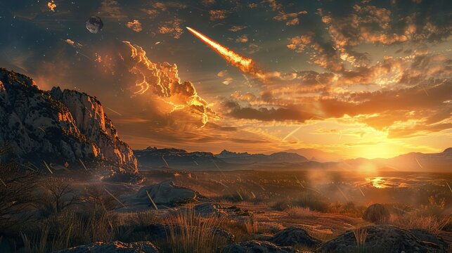 A dramatic scene of an asteroid impact at the end of the Mesozoic era,
