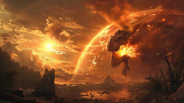 A dramatic scene of an asteroid impact at the end of the Mesozoic era,