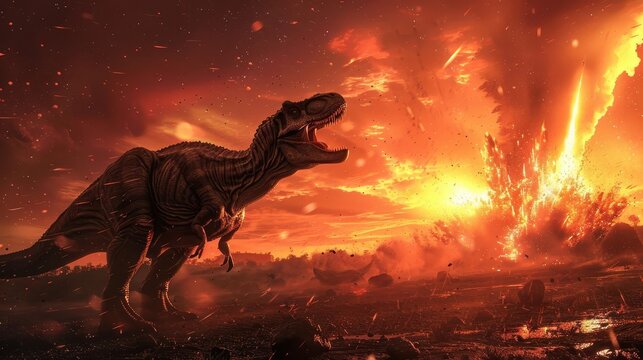 A dramatic scene of an asteroid impact at the end of the Mesozoic era,