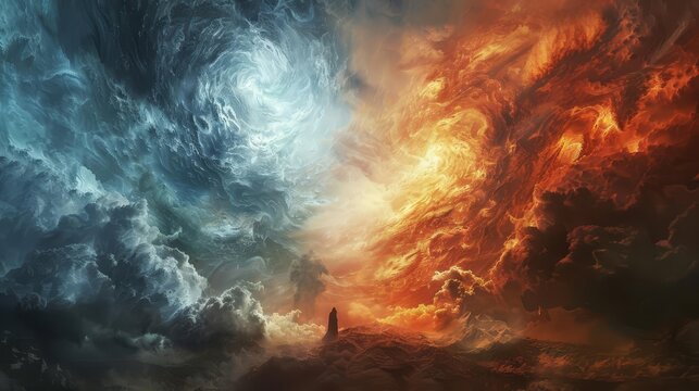 A dramatic vision of a prophecy showing a great battle between light and darkness,