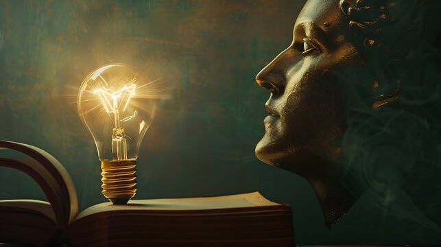Head with an open book and a light bulb as a metaphor for a new idea Art collage : Generative AI