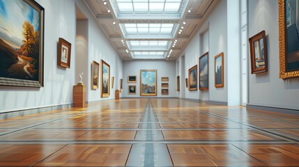 A floating camera smoothly navigating through an art gallery, capturing exhibits in detail,
