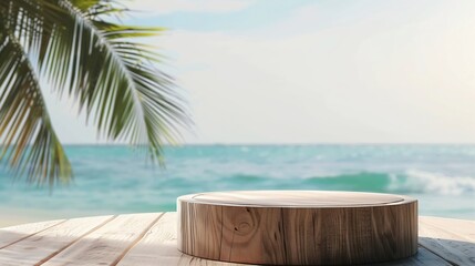 Summer product display on wooden podium at sea tropical beach : Generative AI