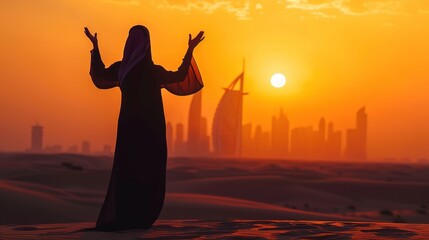 Fototapeta premium Arab woman wearing in traditional abayain raising her hands at sunset in the desert 