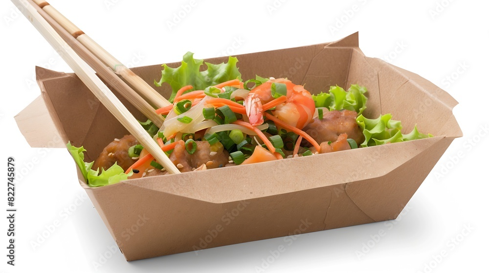 Poster closed wok paper box with food and chopsticks isolated on white background asian fast food concept :