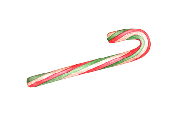 Candy in the shape of a candy cane, sweetness in bright and festive colors of red, white, green stripes watercolor illustration. Isolated from the background. For Christmas, New Year, holidays 