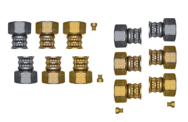 Brass and steel screw nuts and pipe fittings - on isolated transparent background.