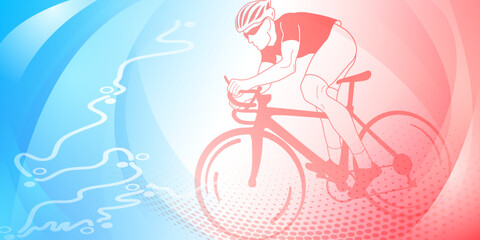 Cycling themed background in the colors of the national flag of France, with sport symbols such as an athlete cyclist and a bike race route, as well as abstract curves and dots