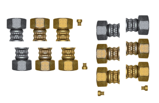 Brass and steel screw nuts and pipe fittings - on isolated transparent background.
