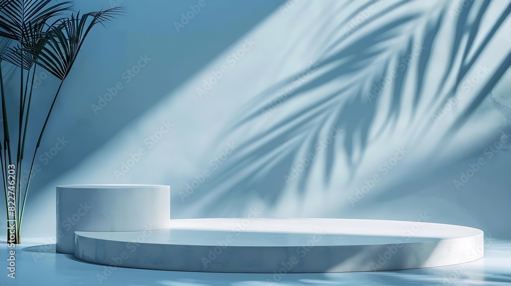 Aufkleber An elegantly simple white podium setup with the serene shadow of a palm leaf cast on a smooth blue background : Generative AI