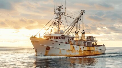 Fototapeta premium A fishing boat sails on the ocean at sunset.