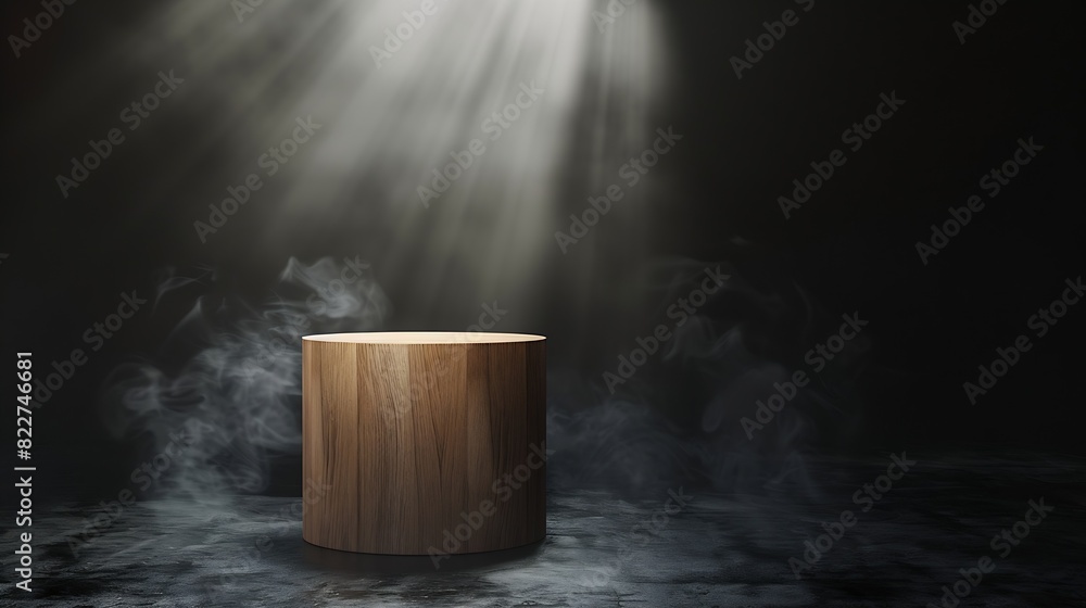 Poster the empty wooden cylinder shape of product display podium stand for showing or design blank backdrop