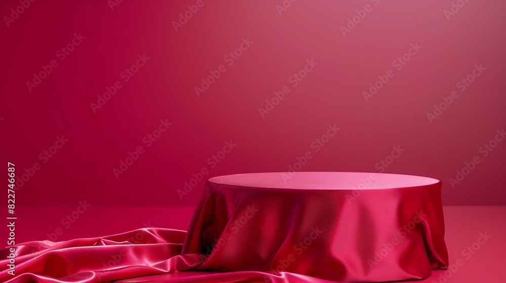 Aufkleber cylinder podium covered with red cloth on viva magenta background premium empty fabric pedestal for 