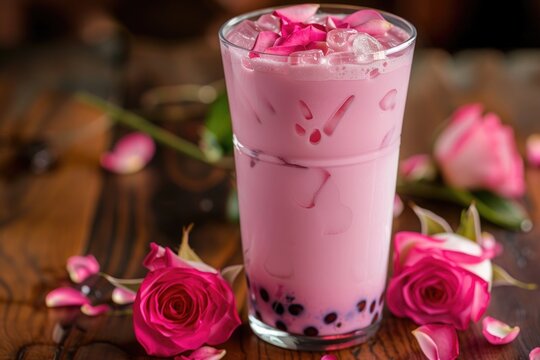 rose milk boba bubble tea with little roses on table