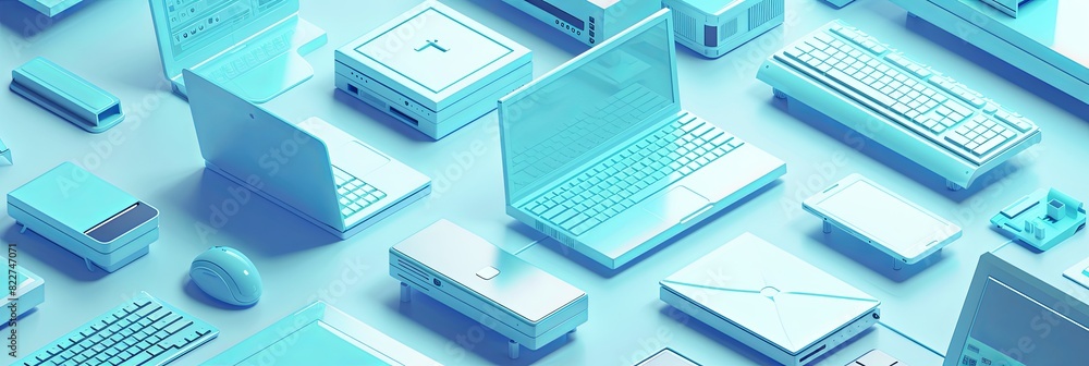 Aufkleber Several blue laptops are stacked on top of each other. Generative AI