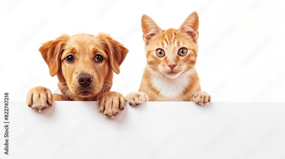 Poster pets store concept puppy dog and pet cat together showing a placard display isolated on white backgr