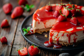 tasty and delicious strawberry cheesecake with drizzled sauce, on dark wooden table, close up, food photography