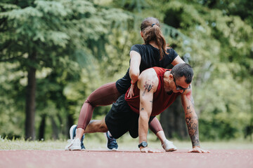 An energetic photo capturing a fitness duo in a park a woman assists a man doing push-ups,...