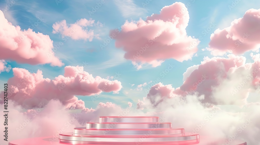 Poster Front view of transparent podium decorated with pinky cloudy sky background abstract content : Generative AI
