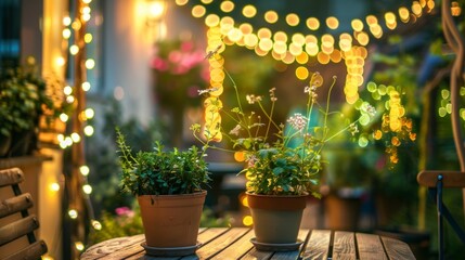 An outdoor patio with a small table and chairs for enjoying meals in the fresh air surrounded by potted plants and string lights. - Powered by Adobe