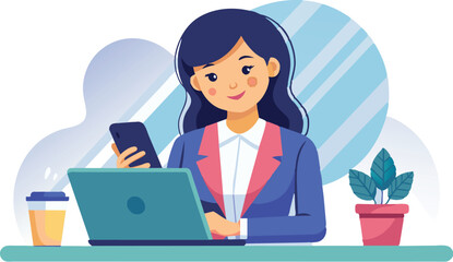 A woman is working at a computer. Remote work, work in the office. The woman at the table