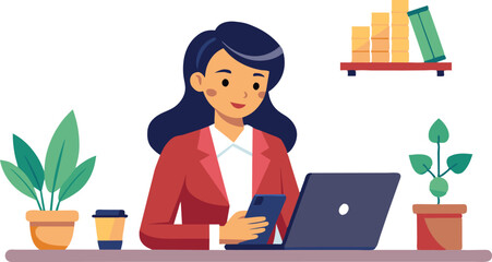 A woman is working at a computer. Remote work, work in the office. The woman at the table