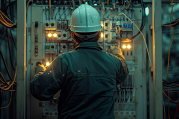 The electrician is working on the electrical panel in an industrial building. He has wires and lights inside, wearing work with a white helmet. Back view. Realistic photography