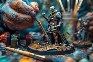 Artist painting a detailed fantasy miniature figure at a workbench