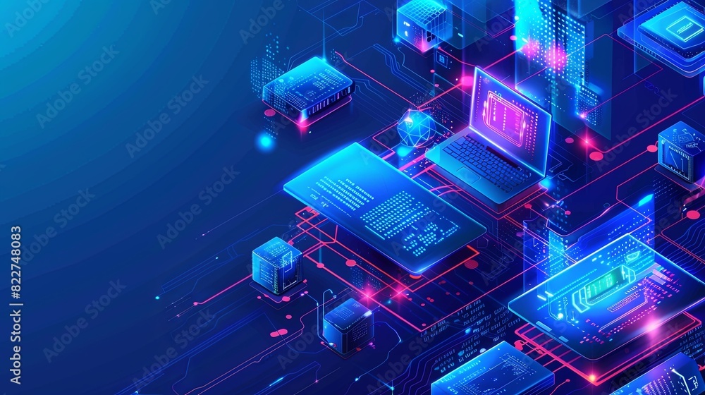 Fototapete isometric icon of computers, laptops, liaisons, and technology equipment on a blue background with c