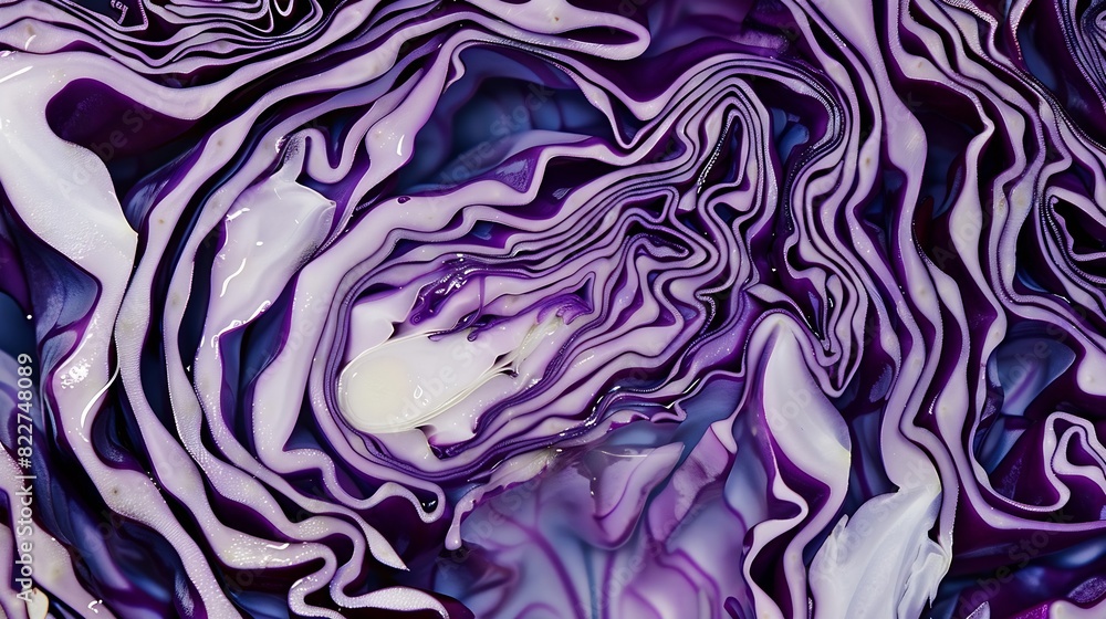 Poster background of the blue cabbage in the cut macro photography close up top view texture raw purple cab