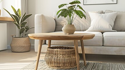 Wooden coffee table with with houseplant and wicker basket near grey sofa in living room : Generative AI