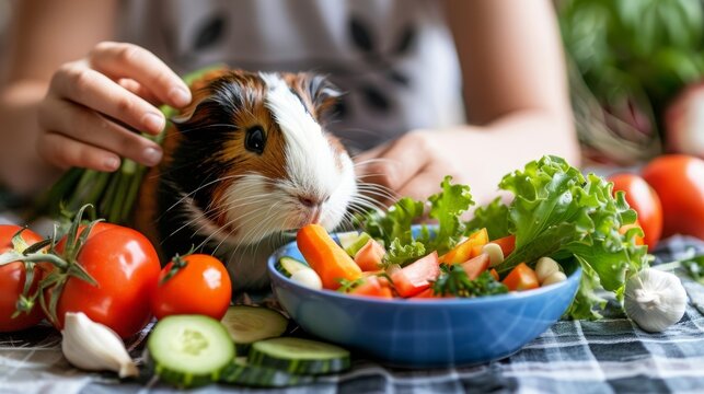 A person mixing a special homemade meal for their pet guinea pig using fresh vegetables and fruits to promote good health.