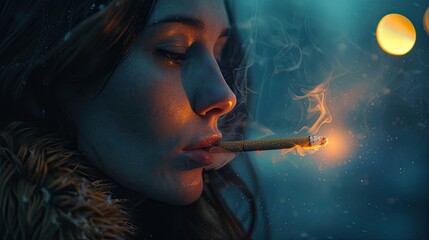Obraz premium A woman is smoking a cigarette in a dark room. The image has a moody and somewhat ominous feel to it, as the woman is surrounded by smoke and darkness. The cigarette itself is lit