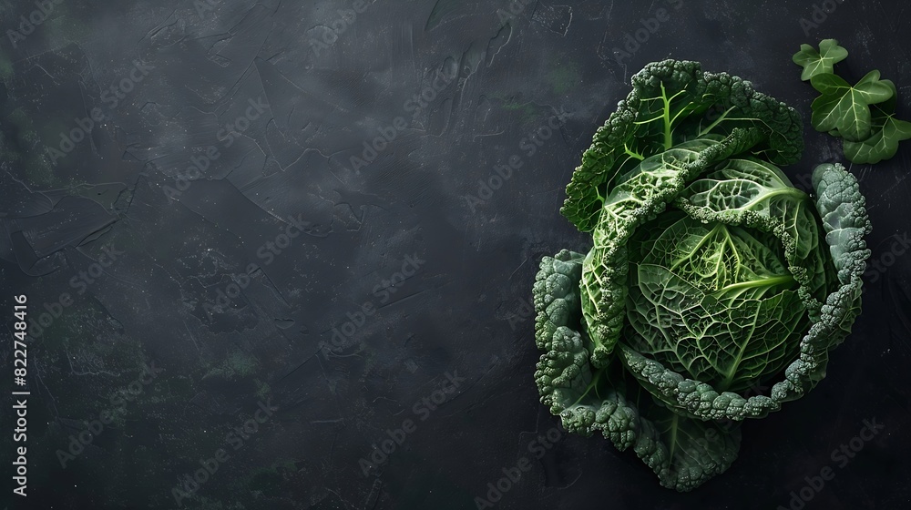 Poster Raw fresh green cabbage texture and background top view over dark background selective focus : Generative AI