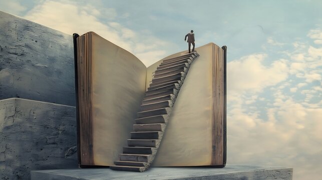 The man climbs the stairs to the open book Art collage : Generative AI
