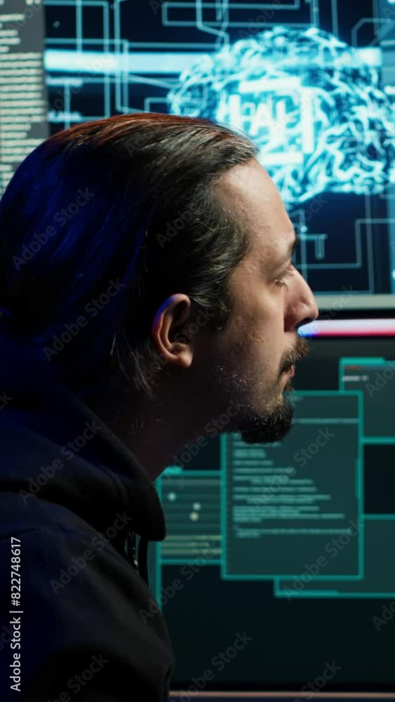 Poster vertical video hacker using artificial intelligence technology to write spyware software able to gat