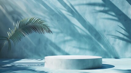Minimal product placement background with palm shadow on blue plaster wall Luxury summer architecture interior aesthetic Boho home room for product platform stage mockup : Generative AI