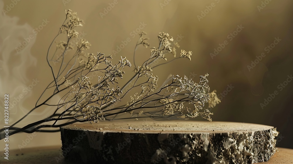 Poster abstract north nature scene with a composition of lichen pine branches and dry snags place your prod