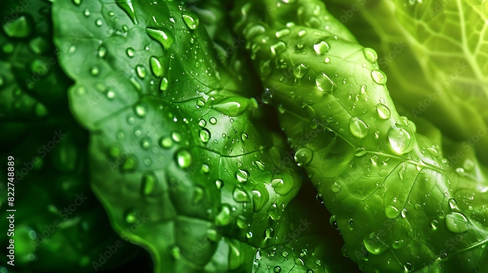 Poster closeup macro view of fresh green lettuce leaves with water drops high resolution : generative ai
