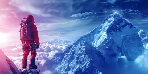 Overcoming Fear of Heights: Mountain Climber Scales Holographic Mount Everest. Concept Fear of Heights, Holographic Challenge, Mountain Climbing, Overcoming Fear, Triumph
