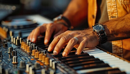 A man is playing a keyboard with his hands. Generated by AI