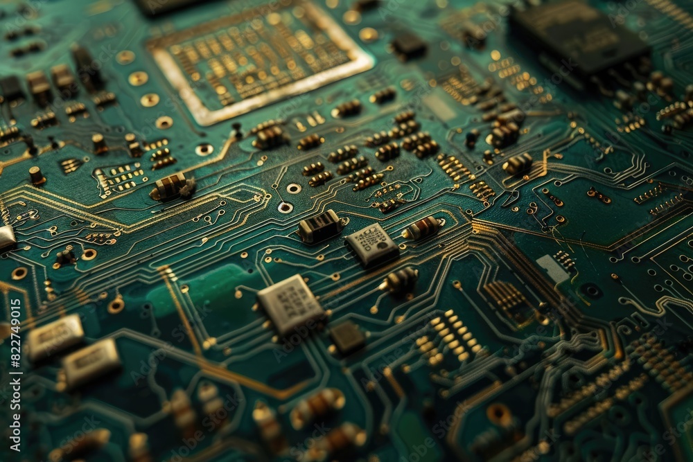 Poster a close up of a computer chip board with many small components. concept of complexity and intricacy,