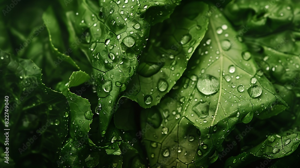 Poster closeup macro view of fresh green lettuce leaves with water drops high resolution : generative ai
