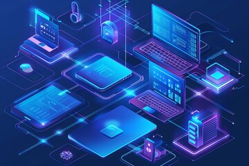 Array of computers, laptops, and liaisons emitting soft blue lights. Ideal for computer service, tech repair, or cloud storage concepts. Generative AI