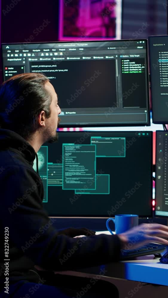 Poster vertical video hacker in secret hideout typing on keyboard, trying to hide online activity after ste