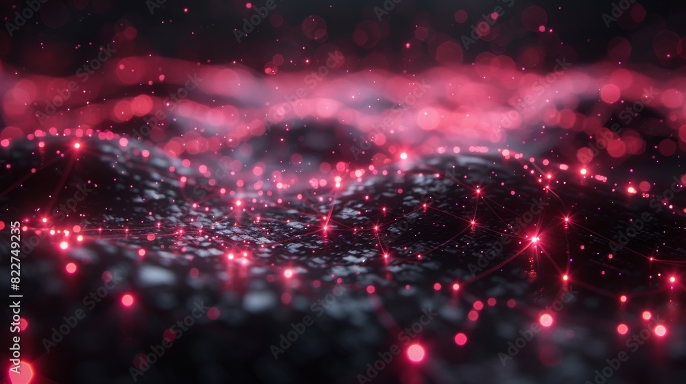 Poster a dark illustration of a technical system with pink lines connecting different flow states.