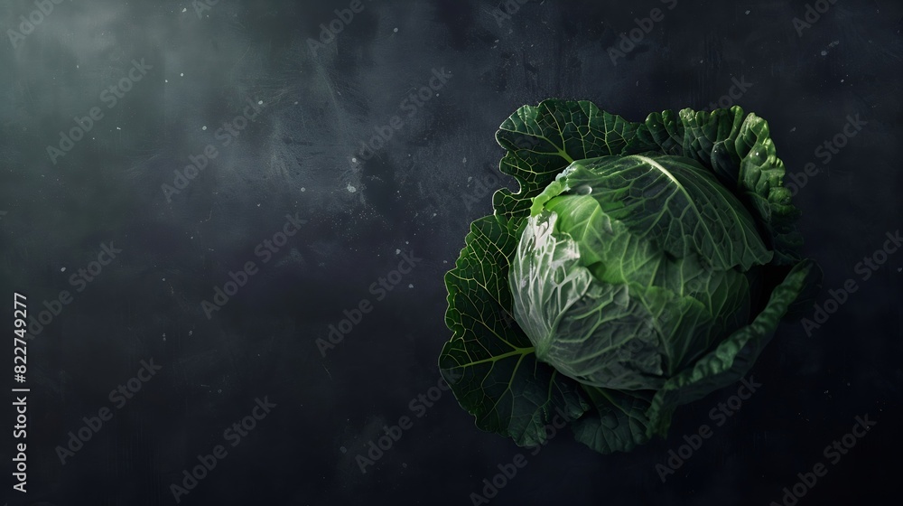 Poster Raw fresh green cabbage texture and background top view over dark background selective focus : Generative AI